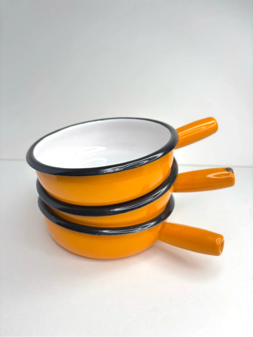 Vintage MCM AUBECQ France Orange Enameled 5” Omelet Skillet or Saucepan Set of 3